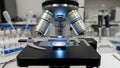 Microscope in Laboratory with Illuminated Slide Royalty Free Stock Photo