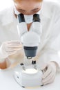 Microscope laboratory - woman medical research Royalty Free Stock Photo