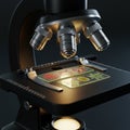 A microscope with multiple objective lenses focuses on two glass slides placed on the stage