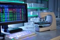 A microscope is positioned on a laboratory bench next to a computer displaying colorful Royalty Free Stock Photo