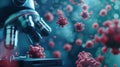 Microscope and red virus cells. 3d rendering science background