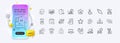Microscope, Restructuring and Cash transit line icons for web app. Pictogram icon. Phone mockup gradient screen. Vector