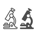 Microscope, school, magnifying glass, lens line and solid icon, education concept, biology vector sign on white