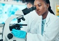 Microscope, scientific and female scientist working in a medical study in pharmaceutical lab. Professional, science and Royalty Free Stock Photo