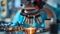 A microscope in the scientific laboratory of nanotechnology is doing research Royalty Free Stock Photo