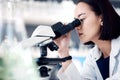 Microscope, scientist or woman with research, medical cure or check sample data in laboratory. Asian female, researcher Royalty Free Stock Photo