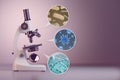 Microscope and a set of different bacterias and viruses. Space