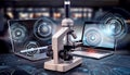 A microscope sits amidst laptops, a tablet, and a phone displaying digital interfaces, representing scientific technology and