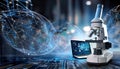 A microscope sits amidst laptops, a tablet, and a phone displaying digital interfaces, representing scientific technology and