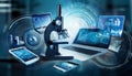 A microscope sits amidst laptops, a tablet, and a phone displaying digital interfaces, representing scientific technology and