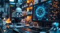 A microscope sits on a desk in a lab, a computer screen displaying a digital image of a virus