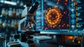 A microscope sits in front of a computer screen displaying a digital model of a virus. The image represents scientific research