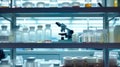 A microscope sits poised on shelves surrounded by an array of petri dishes, illuminated by soft lighting that enhances the