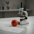 A microscope sits on a white table next to an apple and scientific diagrams. The Royalty Free Stock Photo