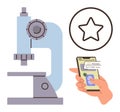 Microscope, smartphone with biometric security, and star circle representing science and technology themes Royalty Free Stock Photo
