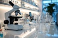 a microscope and some test tubes on a table, a visually striking image of a biological laboratory bench Royalty Free Stock Photo