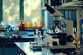 a microscope and some test tubes on a table, a visually striking image of a biological laboratory bench Royalty Free Stock Photo