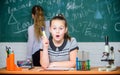 Microscope test tubes chemical reactions. Pupils at chalkboard chemistry lesson. Laboratory practice. Chemistry classes Royalty Free Stock Photo