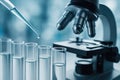 Microscope and test tubes with liquid in a laboratory setting science research Royalty Free Stock Photo