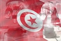 Microscope on Tunisia flag - science development conceptual background. Research in cell life or chemistry, 3D illustration of