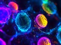 Microscope view of bioengineered cells glowing in different colors, breakthrough biotech research Royalty Free Stock Photo