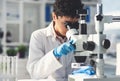 The microscope will show you what it is. an attractive young female scientist looking through a microscope while working Royalty Free Stock Photo