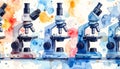 Microscopes in a Row with Watercolor Splashes Royalty Free Stock Photo
