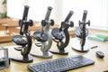 Microscopes on a school desk