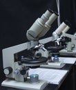 Microscopes set on the worktable of the school lab Royalty Free Stock Photo