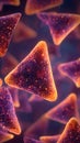 microscopic, abstract view of glowing triangular particles, resembling spicy snack chips or cellular structures, against a dark Royalty Free Stock Photo