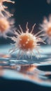 Microscopic cellular structure with spiky protrusions, floating above a shimmering liquid surface, showcasing advanced Royalty Free Stock Photo