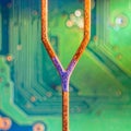 Microscopic Circuit Path Splitting on a PCB Royalty Free Stock Photo
