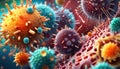 Microscopic close-up of various pathogens, viruses and bacteria in the organism with white blood cells triggering an immune Royalty Free Stock Photo