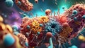 Microscopic close-up of various pathogens, viruses and bacteria in the organism with white blood cells triggering an immune Royalty Free Stock Photo