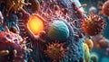 Microscopic close-up of various pathogens, viruses and bacteria in the organism with white blood cells triggering an immune Royalty Free Stock Photo