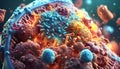 Microscopic close-up of various pathogens, viruses and bacteria in the organism with white blood cells triggering an immune Royalty Free Stock Photo