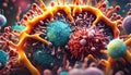 Microscopic close-up of various pathogens, viruses and bacteria in the organism with white blood cells triggering an immune Royalty Free Stock Photo