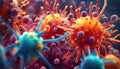 Microscopic close-up of various pathogens, viruses and bacteria in the organism with white blood cells triggering an immune Royalty Free Stock Photo
