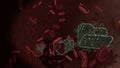 microscopic 3D rendering view of virus shaped as symbol of folder open inside vein with red blood cells