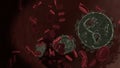 microscopic 3D rendering view of virus shaped as symbol of globe Americas inside vein with red blood cells Royalty Free Stock Photo