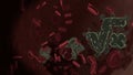 microscopic 3D rendering view of virus shaped as symbol of square root  inside vein with red blood cells Royalty Free Stock Photo