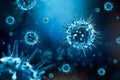 Microscopic generic virus cell 3D rendering illustration on a blue background. Microbiology, contagion, infection, epidemic,