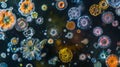 A microscopic glimpse into the vibrant world of a pond where tiny protozoa of various shapes and sizes can be seen