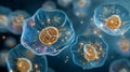 Microscopic glowing cell with nucleus and particles Royalty Free Stock Photo