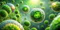 Microscopic green spheres illuminated by sunlight, a detailed visualization of cellular structures, revealing intricate patterns Royalty Free Stock Photo