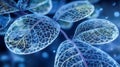 Microscopic image of transparent blue cells with neural pattern, concept of biotechnology and digital biology Royalty Free Stock Photo
