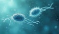 Microscopic image of two bacteria swimming in blue liquid. Cellular organisms in motion, study of microbial life. Biology, Royalty Free Stock Photo
