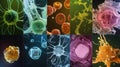 Microscopic images of various cell types grown in a lab using biofabrication techniques displaying different shapes and