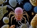 microscopic mite, surrounded by microbes, detailed view, scientific art Royalty Free Stock Photo