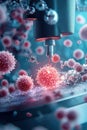 Microscopic nanotechnology tool interacting with red cellular structures in a digital environment with glowing particles and blue Royalty Free Stock Photo